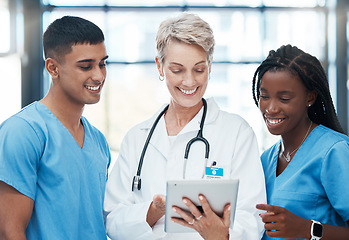 Image showing Medical teamwork, digital tablet and collaboration of doctors, nurse and surgeon planning research, medicine and analytics in hospital. Happy diversity group of healthcare employees consulting online