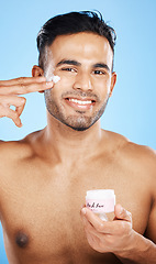 Image showing Portrait, product and man with skincare cream for beauty healthcare, spa wellness routine or facial acne prevention. Luxury beauty, dermatology healthcare and aesthetic model with self care cosmetics