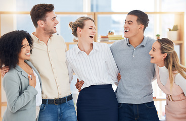 Image showing Office, diversity and group of business people hug for team building, teamwork and collaboration. Happy, smile and staff members embrace together for motivation, goals or vision in company workplace.