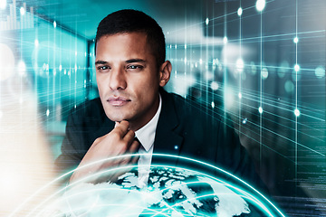 Image showing Hologram, world and thinking with a business man on a digital overlay background with futuristic technology. Earth, metaverse and 3d with a male employee networking around the virtual globe