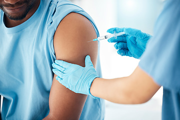 Image showing Covid vaccine, hands and doctor with man in hospital for healthcare, safety and disease prevention. Medicine, nurse and corona injection on arm in clinic with compliance, antibody and vaccination