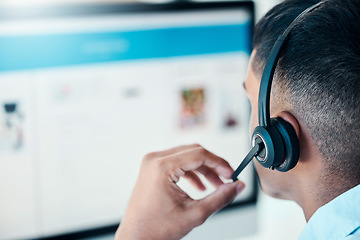 Image showing Call center employee, contact us and man with headphone, communication and technology for tech support, telemarketing or customer service. Connect, ecommerce and computer, consultant or agent working