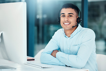 Image showing Call center, portrait and employee with a smile and computer for support, help and communication on the internet. Crm, ecommerce and telemarketing worker working in customer service as a consultant