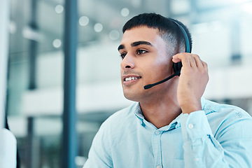 Image showing Call center, telemarketing and customer service consultant with headset for communication and sales at office help desk. Contact us and crm agent talking online for support and service with a smile