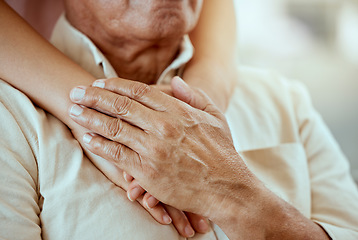 Image showing Senior man, nurse or holding hands in support, trust or security for mental health, depression or anxiety in nursing home. Zoom, healthcare worker or caregiver with retirement elderly in therapy help