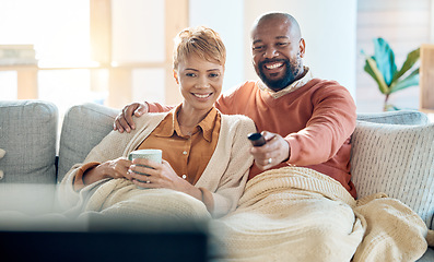 Image showing Mature couple watching tv, news and movie, cable show and media broadcast, living room sofa and easy lifestyle. Happy, smile and black people change remote, television subscription and home streaming