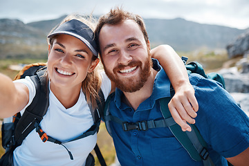 Image showing Nature, couple and hiking selfie portrait with smile for fun, adventure and health lifestyle in Mexico. Mountain, trekking and outdoor people dating enjoy happy backpack photograph together.