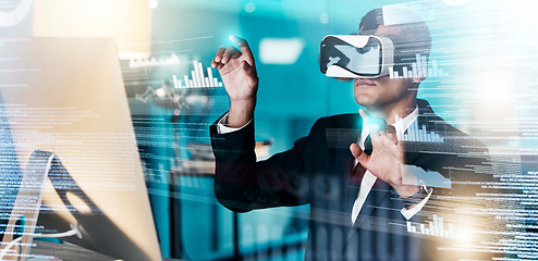Image showing VR, businessman and web developer in cyber metaverse, seo coding and big data, digital transformation and innovation. Virtual reality graphics, software engineer code and future programmer analytics