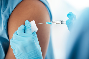 Image showing Covid vaccine, injection and doctor hands, medicine safety and needle, syringe and flu shot service in hospital. Patient arm, medical treatment and nurse in healthcare clinic, bacteria and virus risk