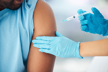 Image showing Covid vaccine, doctor hands with patient medical injection zoom in hospital or clinic for safety, compliance and insurance. Trust, expert and healthcare worker with corona virus vaccination medicine