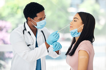 Image showing Doctor, patient and covid pcr, test and appointment in medical hospital with face mask for safety and protection from virus. Healthcare expert with gloves for hygiene while work in covid 19 clinic