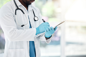 Image showing Healthcare, paper and doctor writing in a hospital, insurance and compliance form before surgery. Hands, medical and record by health worker write clipboard note, prescription and medicine planning