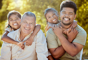 Image showing Children, dad and grandpa hug in park or garden with smile, generations of family together on outdoor picnic. Love, support and man with happy grandfather and girl kids relax in nature in New Zealand