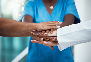 Image showing Medical, team support and diversity hands of hospital nurse, doctor and surgeon stack together for healthcare teamwork. Medicine collaboration, trust meeting and partnership people ready for work