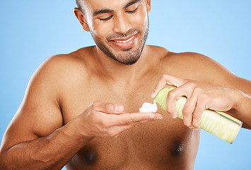 Image showing Shaving cream, man and happy skincare of a happy person from Mexico with skin lotion. Beauty, wellness and body care and health of a latino model with a smile and happiness using face moisturiser