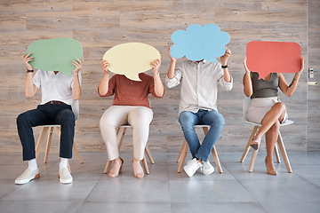 Image showing Communication, office and business people holding speech bubble and sitting on chair. Creative, mockup and group of workers with empty sign for diversity in opinion, voice and discussion in workplace