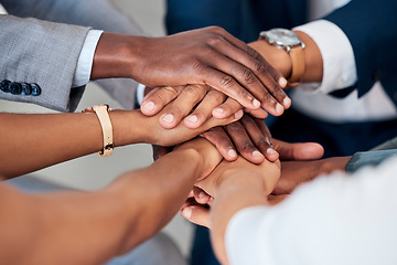 Image showing Motivation, hands stacked and business people together for success, unity and community. Celebration, collaboration and group hand joined for victory, partnership and support together in office