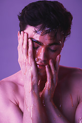 Image showing Beauty, skincare and honey facial with man for health, natural and spa cosmetics. Wellness, hydration and moisture with model and organic mask in purple background for glowing, treatment or cosmetics