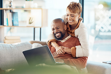 Image showing Laptop, excited and couple on sofa reading email from bank for loan, investment or mortgage home success with black woman hug for support, love and care. Black people on internet for fintech website