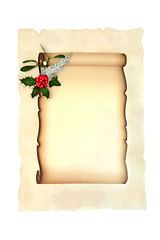 Image showing Christmas Parchment Paper Scroll Holly and Winter Greenery Backg