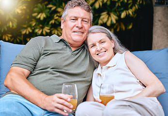 Image showing Family, portrait and senior couple with juice on patio, happy and smile while bonding, talking and relax. Love, retirement and elderly man with woman in a garden, hug, relaxing and retired lifestyle