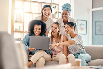 Image showing Startup business, women and laptop with happy employees laughing about funny social media meme together on office couch. Female entrepreneur team together for success, happiness and online comic post