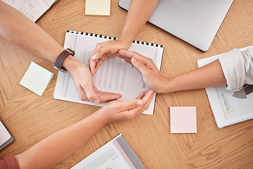 Image showing Corporate synergy, teamwork and hand in circle for employee collaboration in business office for success, solidarity and team building. Company community, corporate staff support and working together