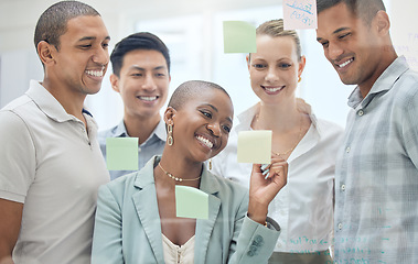 Image showing Sticky note, planning meeting and diversity teamwork on brainstorming, advertising success idea or marketing strategy. Glass board, collaboration and business people partnership working on sales goal