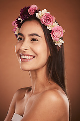 Image showing Beauty, skincare and portrait of woman with flower crown, smile on face and fresh clean glowing skin. Happy girl model, from Mexico with pink rose band in hair and and fashion with studio background.