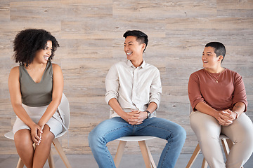 Image showing Diversity, people and sitting on chair in queue, excited job interview or recruitment meeting, communication and conversation of employee engagement. Happy group in waiting room of hiring opportunity