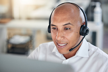 Image showing Call center, businessman and smile for consulting, telemarketing or customer support advice at office. Happy employee consultant man smiling with headset for communication, help or contact us service