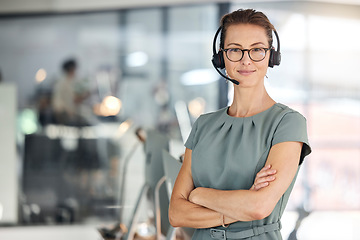 Image showing Crm, portrait and contact us for our telemarketing call center customer services consultants to help with advice. Communication, sales and woman networking for a telecom company or advertising agency