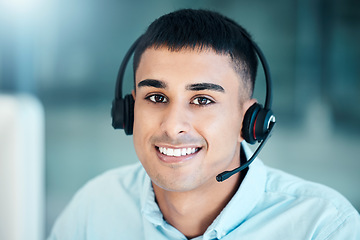 Image showing Happy call center man, CRM or customer support employee for telemarketing deal, support or motivation. Face, sales advisor or business man for customer service, contact us or customer hotline success