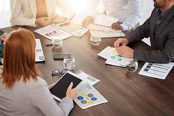 Image showing Finance, portfolio and business people in meeting planning a financial strategy for revenue, profit and sales growth. Paperwork, teamwork and startup company employees coworking on report documents