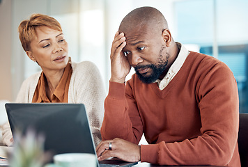 Image showing Stress, finance and laptop by senior couple checking budget, savings and expenses while paying bills in kitchen. Anxiety, family and debt by black woman disappointed, annoyed and frustrated with man