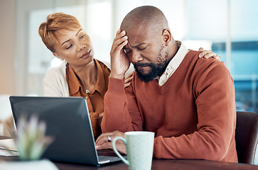 Image showing Sad couple, laptop or finance stress for tax, house mortgage loan or internet investment fail. Financial loss, tech or black woman and man comfort for bad budget planning, home insurance debt or loan