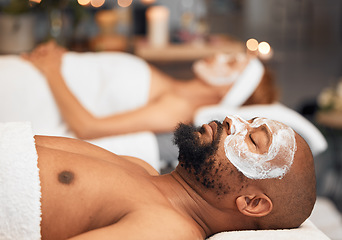 Image showing Spa, facial and couple relax with skincare, beauty and cosmetic treatment, wellness and pamper. Man, woman and face, skin and body care at luxury salon in Thailand, zen, peace and serenity together