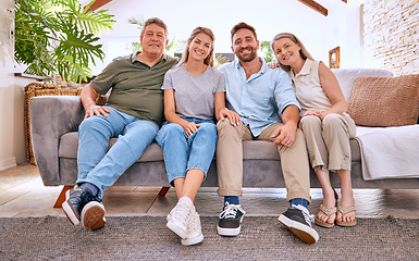 Image showing Big family, portrait and love on sofa in home, bonding and enjoying quality time together. Family care, generations and grandma, grandpa and man and woman on couch in living room relaxing in house.