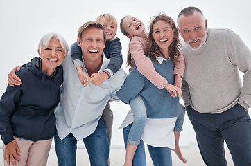 Image showing Beach, portrait and big family on a holiday for travel, relax and peace in the Philippines together. Happy, smile and elderly man and woman with love for children at the ocean for vacation in nature