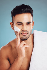 Image showing Man, beauty and skincare cream on face with product for facial cosmetic healthcare, self care and wellness routine. Moisturizing lotion, hydrating routine and organic spa creme for clean skin hygiene