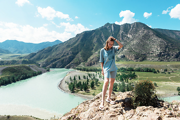 Image showing woman on the confluence of two rivers Katun and Chuya in Altai mountains, beauty summer day