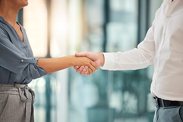 Image showing Business handshake, welcome and thank you for interview meeting or partnership success deal. B2B corporate worker congratulations, well done teamwork collaboration and employees shaking hands