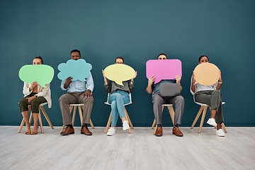 Image showing Business people in recruitment office with speech bubble, poster and sign for social media marketing and advertising. Diversity, men and women with paper, mockup space and billboard for job hiring