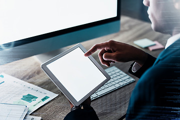 Image showing Tablet, computer and mock up businessman hands for digital market research, fintech system analytics or multimedia software development. Corporate, information technology and business man with screen