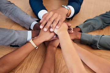 Image showing Support, partnership and hands of diversity business people stack together in solidarity, trust and teamwork collaboration. Community, team building meeting and company group united for mission goal