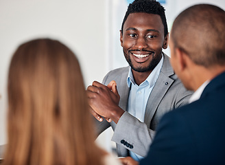 Image showing Corporate, smile and black man in a meeting with management for business, planning and strategy. Teamwork, business meeting and African businessman talking to employees about an idea for company