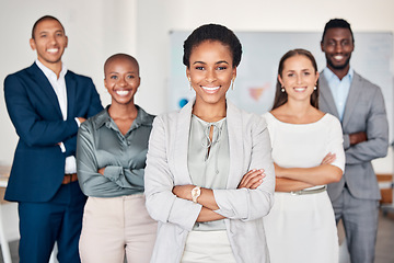 Image showing Black woman leadership, portrait and happy teamwork, management and collaboration, company vision and trust in office. Female ceo, diversity business people and corporate employees support in startup