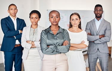 Image showing Diversity, leadership and portrait of business people with serious face, arms crossed in office. Teamwork, collaboration and group of men and women in workplace with confidence, power and strength