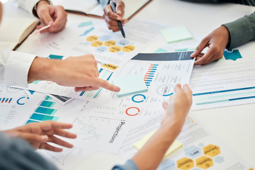 Image showing Marketing documents, teamwork and hands of business people in office at table discussing global sales growth strategy. Graphs, charts or group in meeting with finance statistics for project planning
