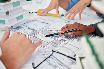 Image showing Architect, hands and blueprint for building collaboration, planning new project and discussion. Engineer, teamwork and talking for construction, architecture design or brainstorming creative strategy